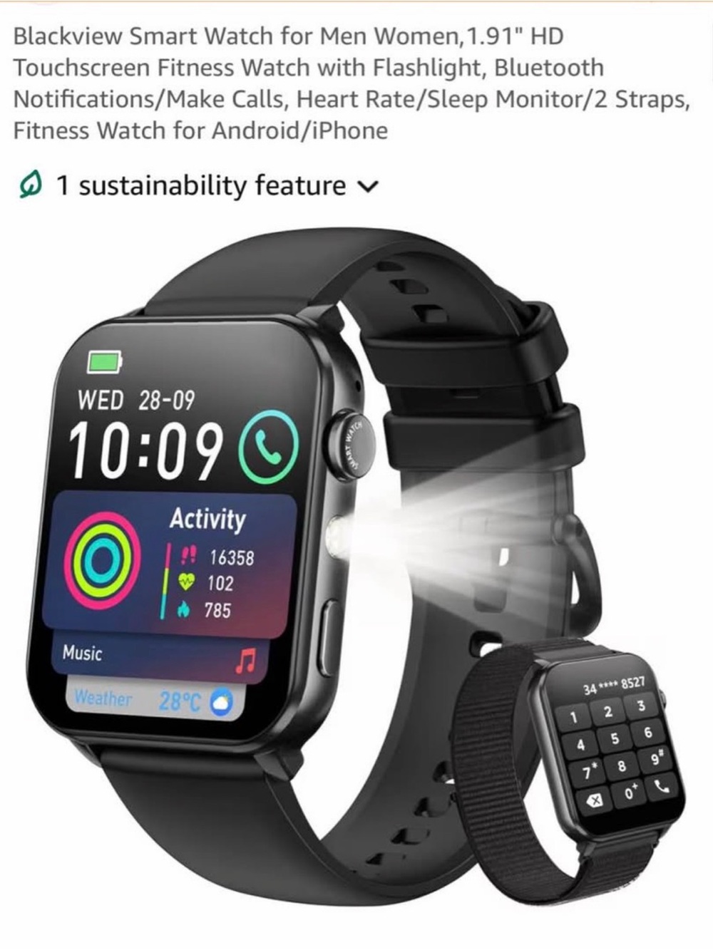 Blackview Black Smartwatch with Touchscreen and Dual Straps